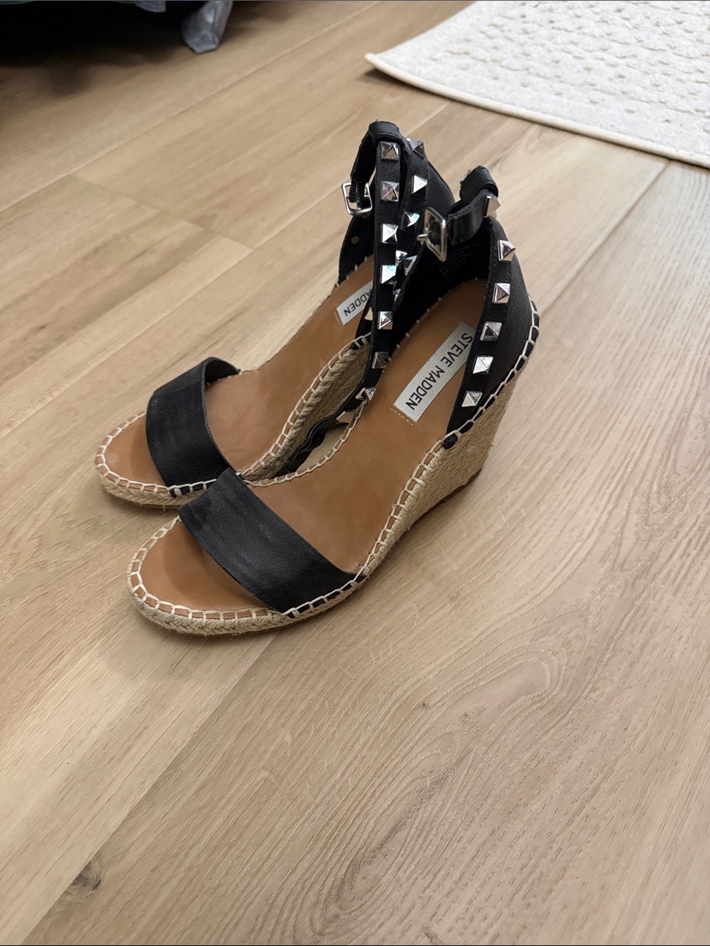 Steve Madden Black Studded Espadrille Wedge Sandals with Ankle Strap